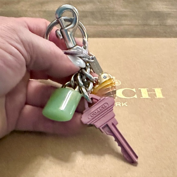 Coach Pink Key Green Lock Heart Cluster Keychain Fob Bag Charm - Picture 3 of 7
